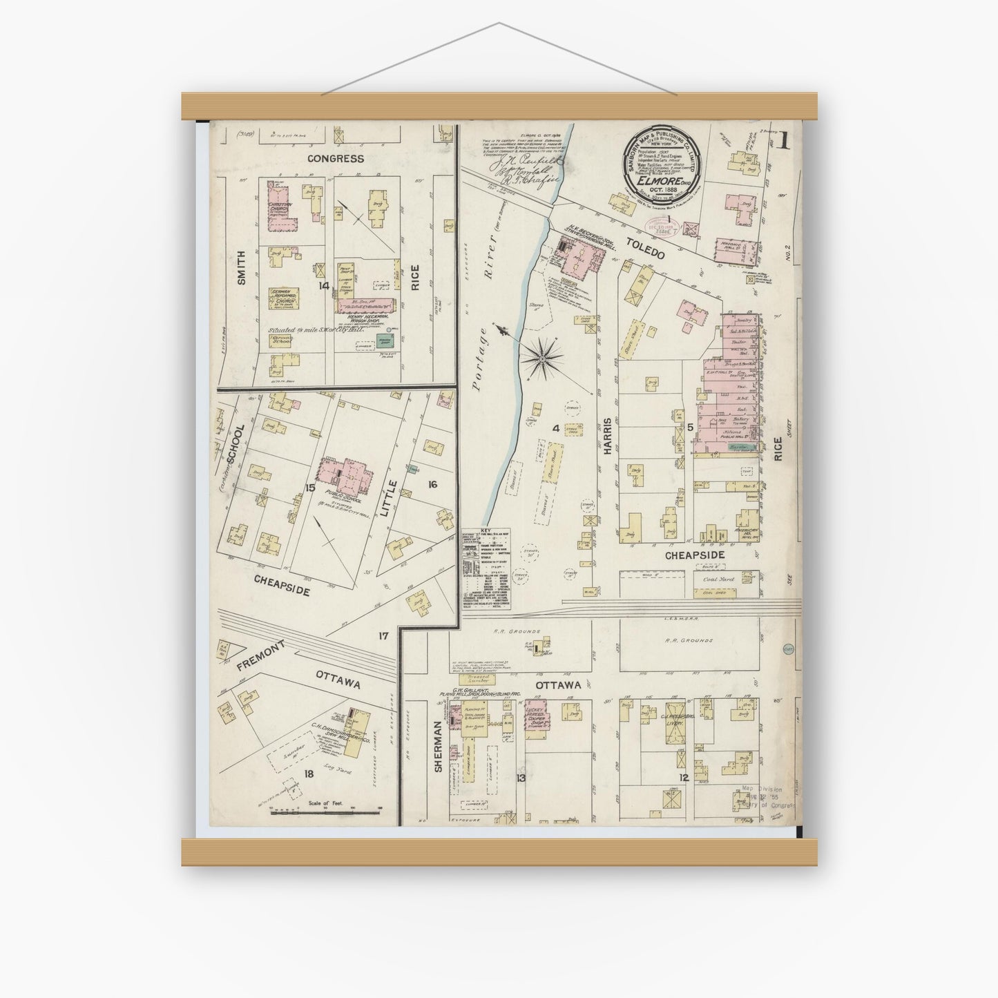 Old map wall art mockup — magnetic wood frame on white wall — Sanborn Fire Insurance Map from Elmore, Ottawa County, Ohio (1888), Sheet #0001