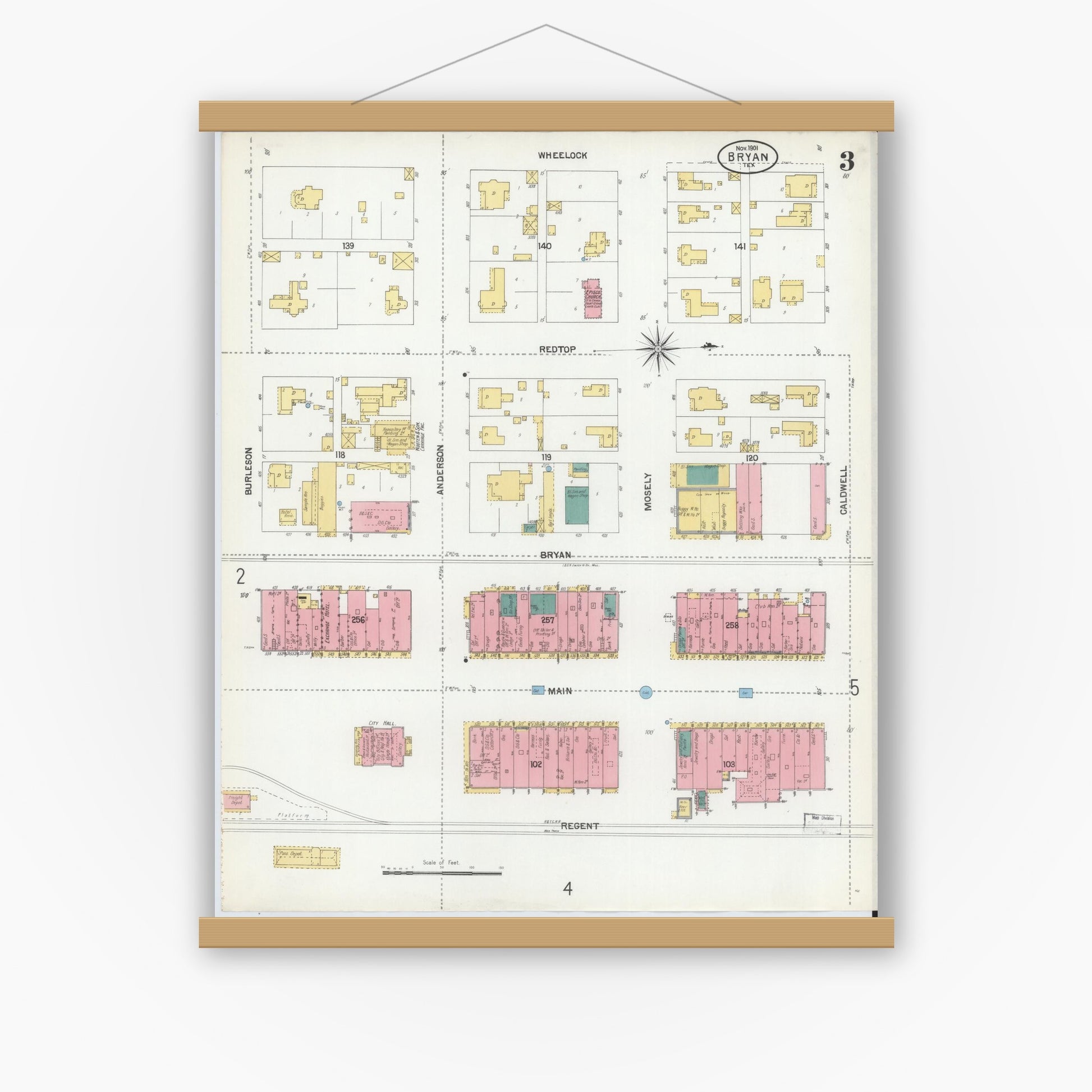Old map wall art mockup — magnetic wood frame on white wall — Sanborn Fire Insurance Map from Bryan, Brazos County, Texas (1901), Sheet #0003