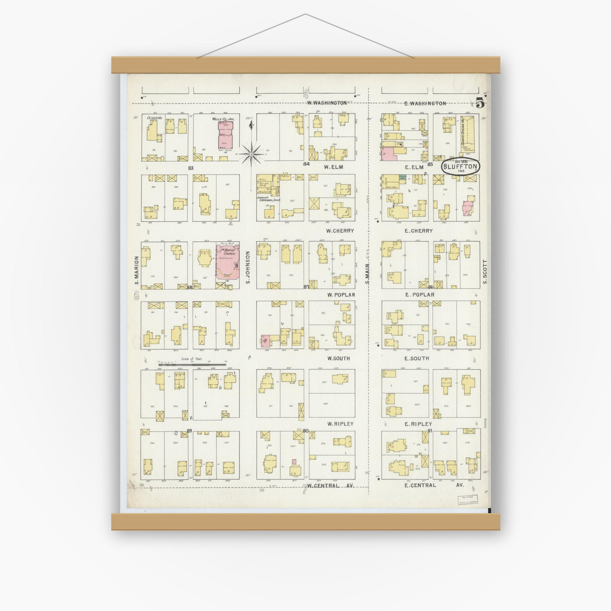 Old map wall art mockup — magnetic wood frame on white wall — Sanborn Fire Insurance Map from Bluffton, Wells County, Indiana (1895), Sheet #0005