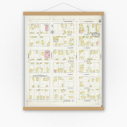 Old map wall art mockup — magnetic wood frame on white wall — Sanborn Fire Insurance Map from Bluffton, Wells County, Indiana (1895), Sheet #0005