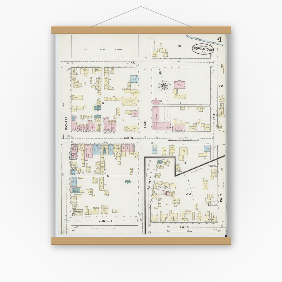 Old map wall art mockup — magnetic wood frame on white wall — Sanborn Fire Insurance Map from Cooperstown, Otsego County, New York (1887), Sheet #0004