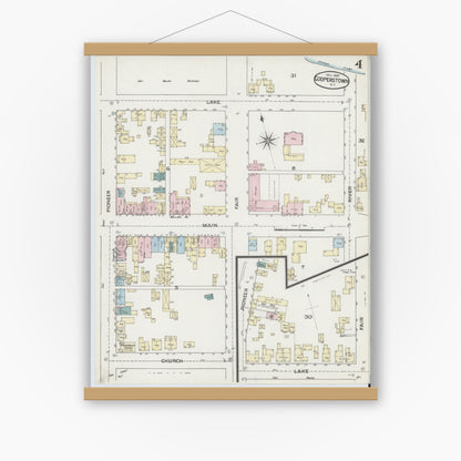 Old map wall art mockup — magnetic wood frame on white wall — Sanborn Fire Insurance Map from Cooperstown, Otsego County, New York (1887), Sheet #0004