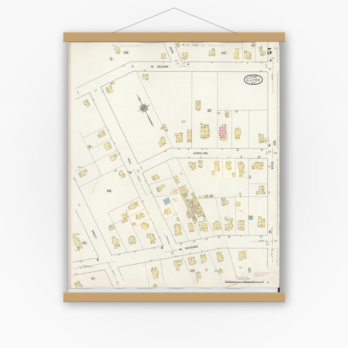 Old map wall art mockup — magnetic wood frame on white wall — Sanborn Fire Insurance Map from Clyde, Wayne County, New York (1932), Sheet #0005