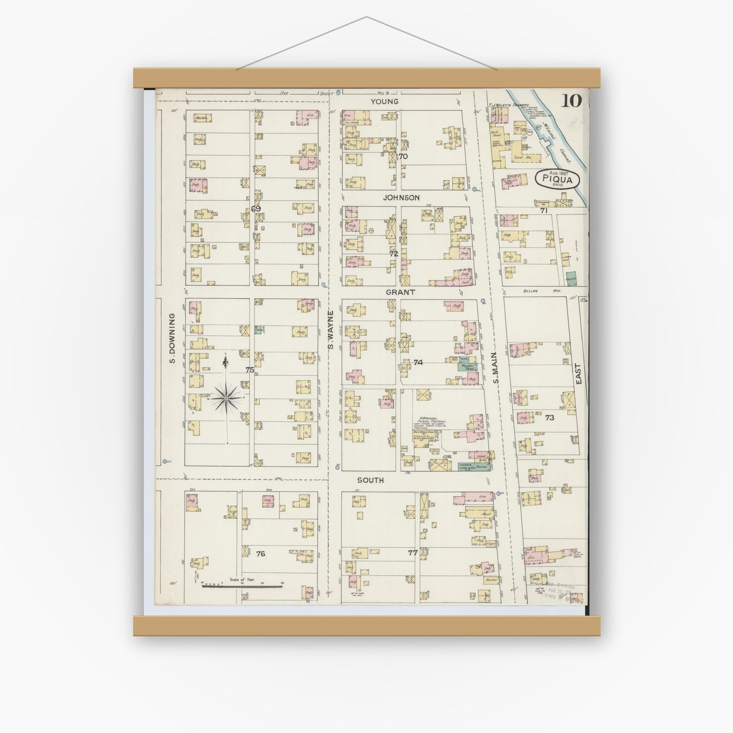 Old map wall art mockup — magnetic wood frame on white wall — Sanborn Fire Insurance Map from Piqua, Miami County, Ohio (1887), Sheet #0010
