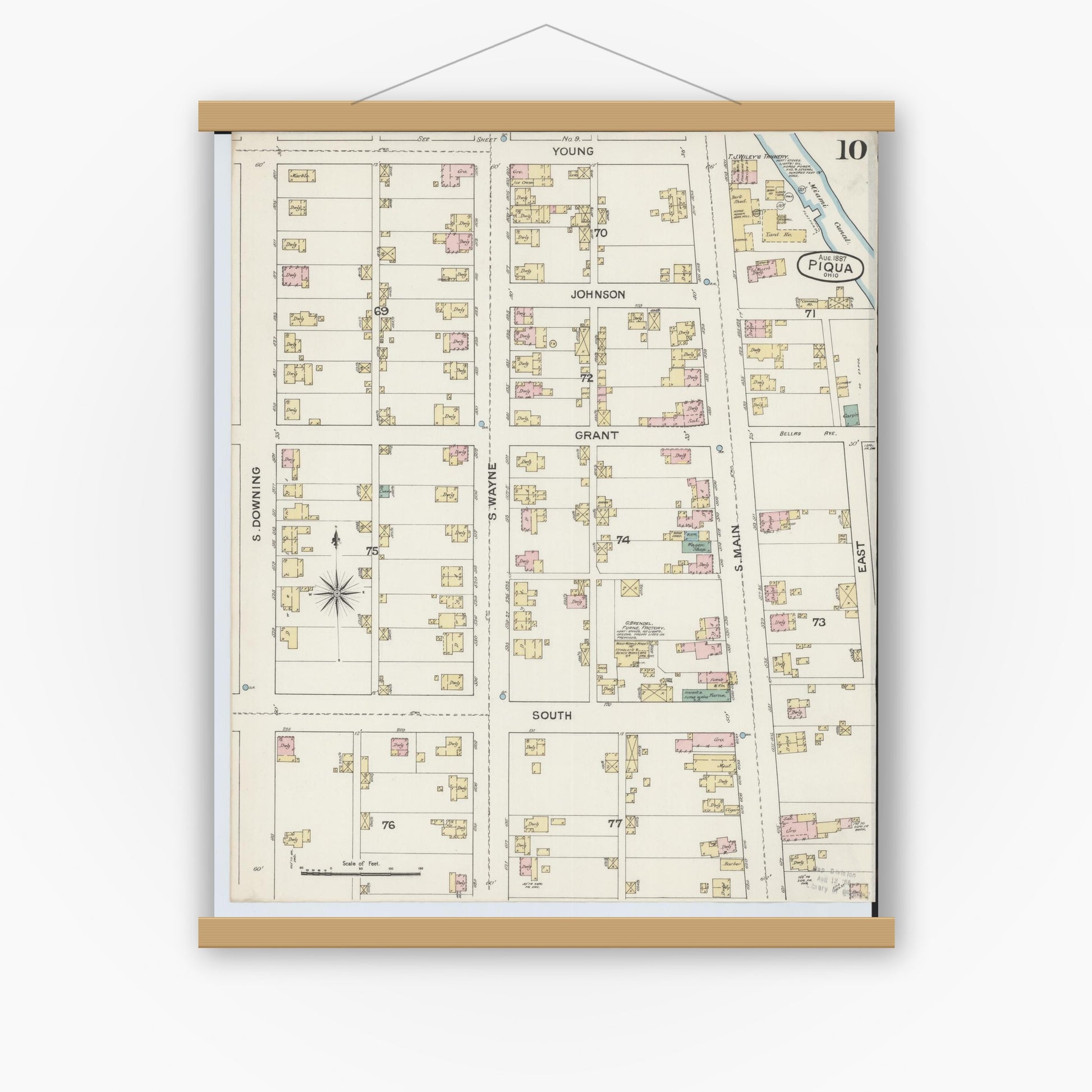 Old map wall art mockup — magnetic wood frame on white wall — Sanborn Fire Insurance Map from Piqua, Miami County, Ohio (1887), Sheet #0010