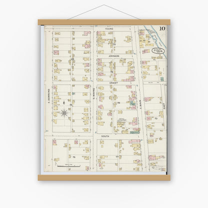 Old map wall art mockup — magnetic wood frame on white wall — Sanborn Fire Insurance Map from Piqua, Miami County, Ohio (1887), Sheet #0010