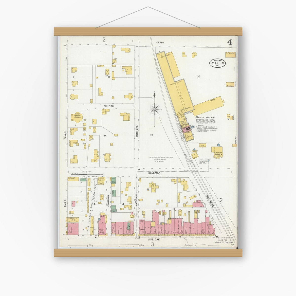 Old map wall art mockup — magnetic wood frame on white wall — Sanborn Fire Insurance Map from Marlin, Falls County, Texas (1899), Sheet #0004