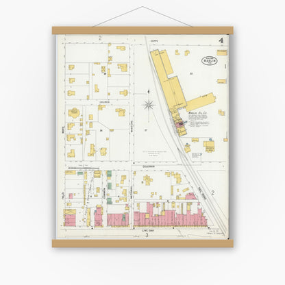 Old map wall art mockup — magnetic wood frame on white wall — Sanborn Fire Insurance Map from Marlin, Falls County, Texas (1899), Sheet #0004