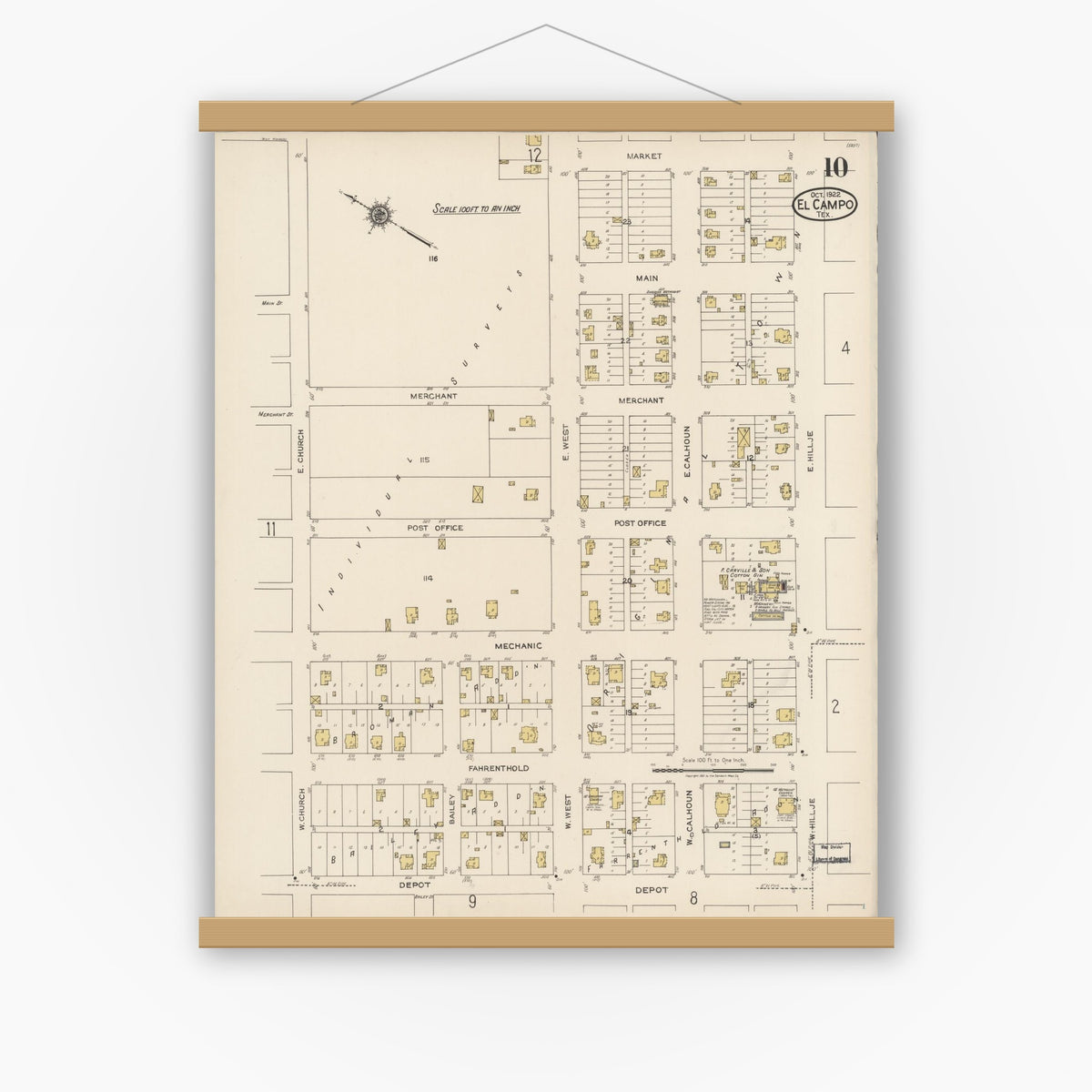 Old map wall art mockup — magnetic wood frame on white wall — Sanborn Fire Insurance Map from El Campo, Wharton County, Texas (1922), Sheet #0010