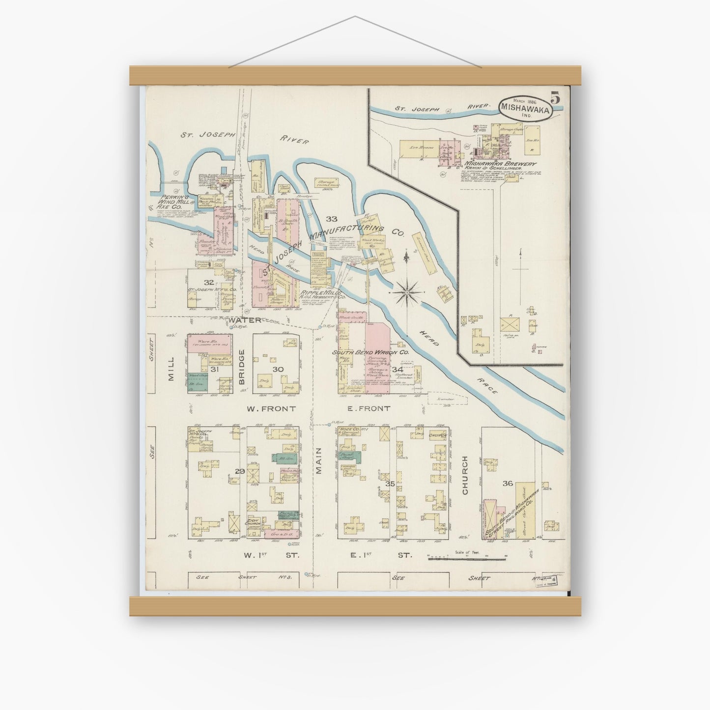 Old map wall art mockup — magnetic wood frame on white wall — Sanborn Fire Insurance Map from Mishawaka, Saint Joseph County, Indiana (1886), Sheet #0005