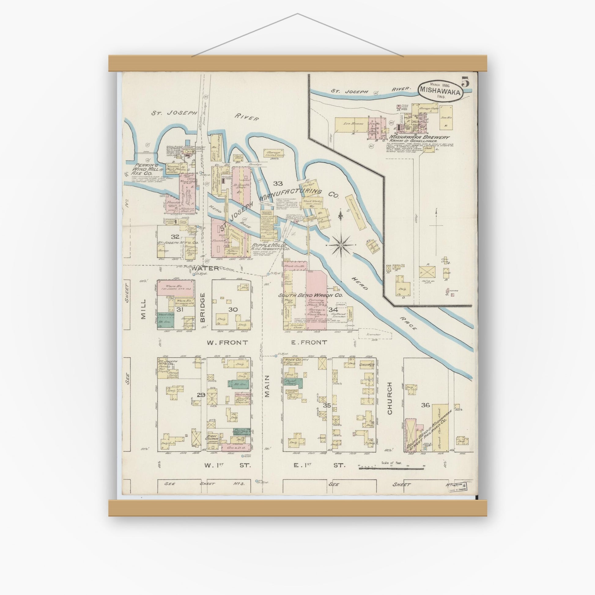 Old map wall art mockup — magnetic wood frame on white wall — Sanborn Fire Insurance Map from Mishawaka, Saint Joseph County, Indiana (1886), Sheet #0005
