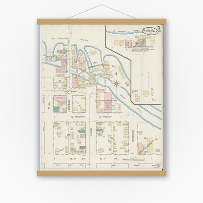 Old map wall art mockup — magnetic wood frame on white wall — Sanborn Fire Insurance Map from Mishawaka, Saint Joseph County, Indiana (1886), Sheet #0005