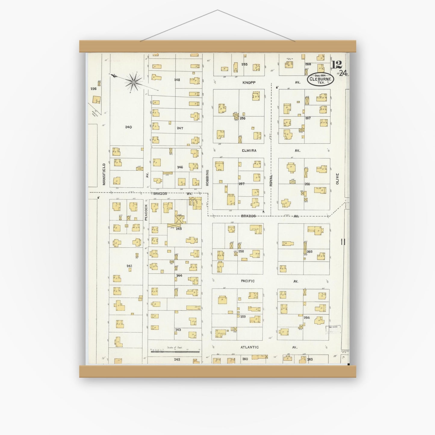 Old map wall art mockup — magnetic wood frame on white wall — Sanborn Fire Insurance Map from Cleburne, Johnson County, Texas (1904), Sheet #0012