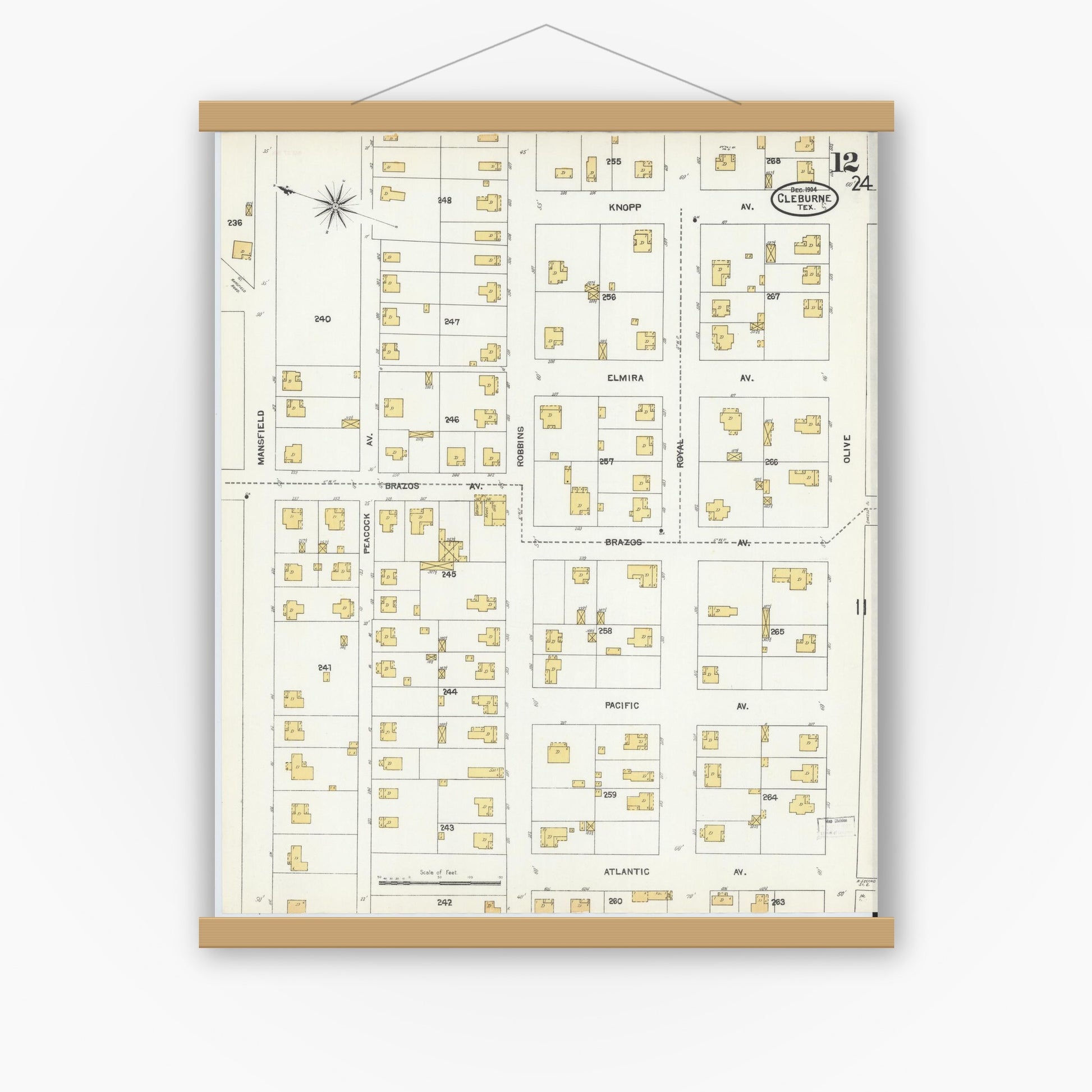 Old map wall art mockup — magnetic wood frame on white wall — Sanborn Fire Insurance Map from Cleburne, Johnson County, Texas (1904), Sheet #0012