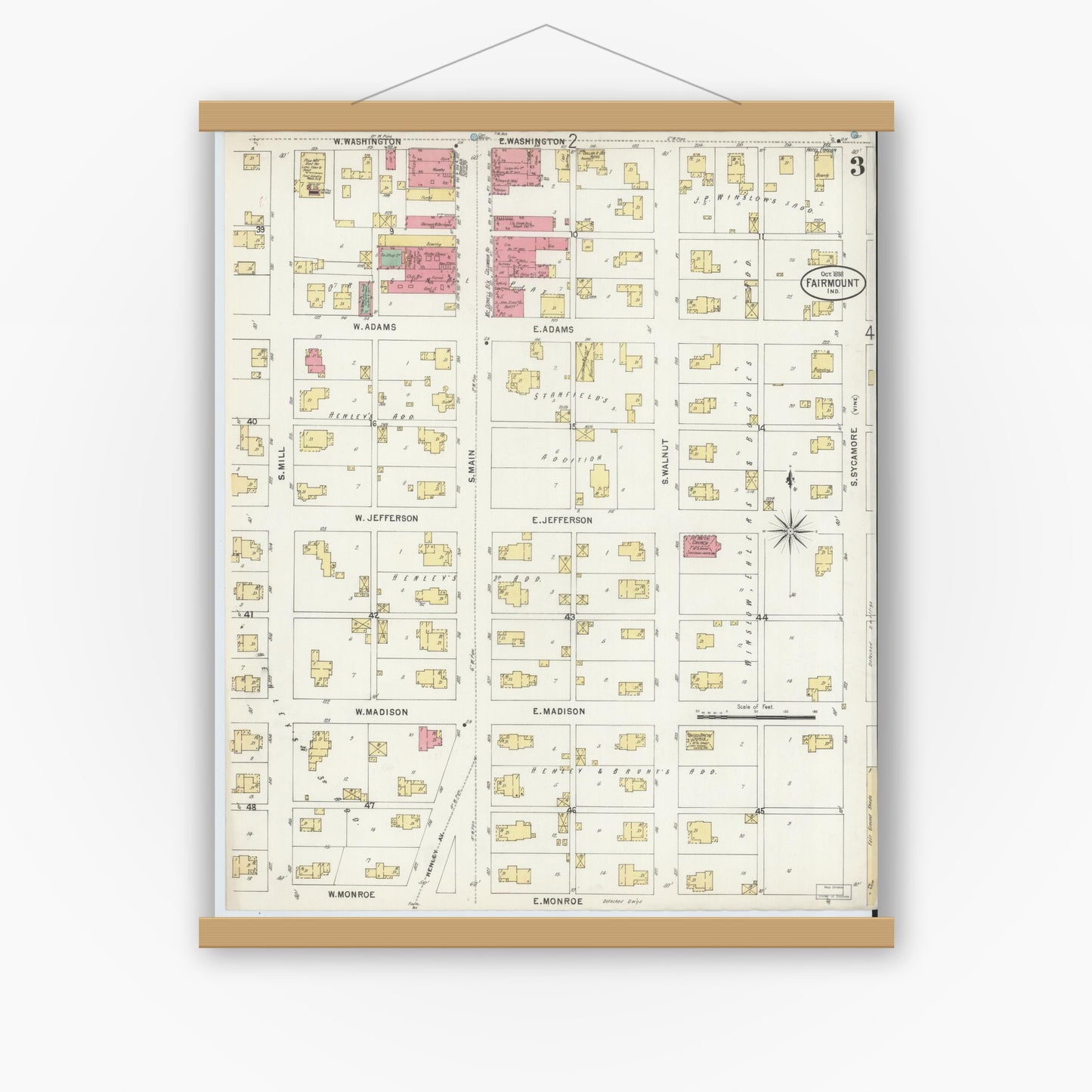 Old map wall art mockup — magnetic wood frame on white wall — Sanborn Fire Insurance Map from Fairmount, Grant County, Indiana (1898), Sheet #0003