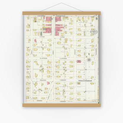 Old map wall art mockup — magnetic wood frame on white wall — Sanborn Fire Insurance Map from Fairmount, Grant County, Indiana (1898), Sheet #0003
