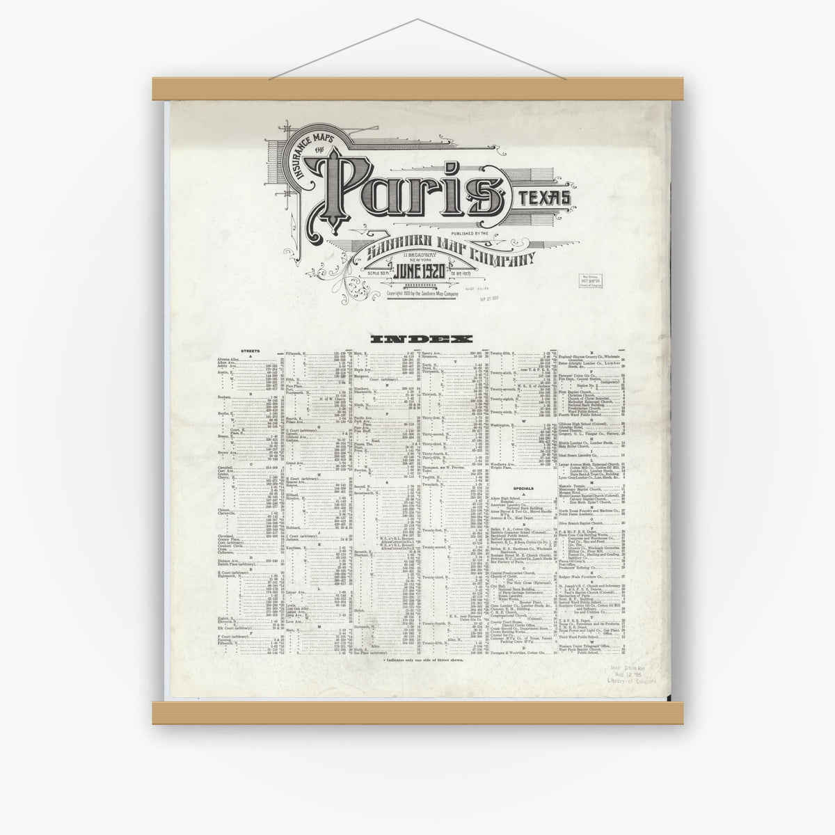 Old map wall art mockup — magnetic wood frame on white wall — Sanborn Fire Insurance Map from Paris, Lamar County, Texas (1920), Sheet #0001