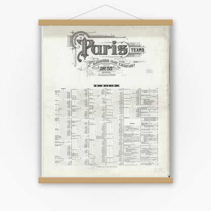 Old map wall art mockup — magnetic wood frame on white wall — Sanborn Fire Insurance Map from Paris, Lamar County, Texas (1920), Sheet #0001