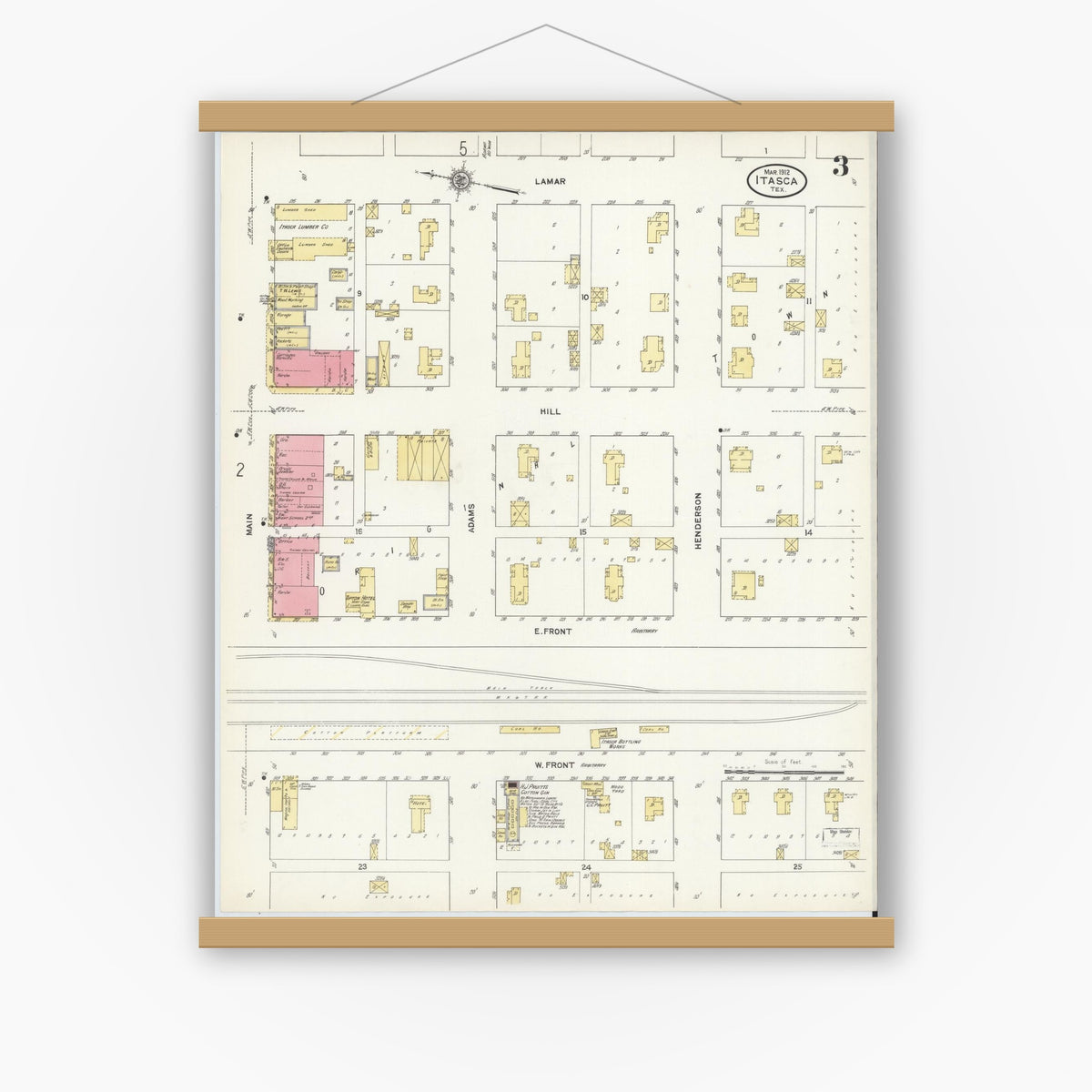 Old map wall art mockup — magnetic wood frame on white wall — Sanborn Fire Insurance Map from Itasca, Hill County, Texas (1912), Sheet #0003