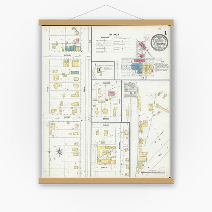 Old map wall art mockup — magnetic wood frame on white wall — Sanborn Fire Insurance Map from Mount Morris, Ogle County, Illinois (1905), Sheet #0001
