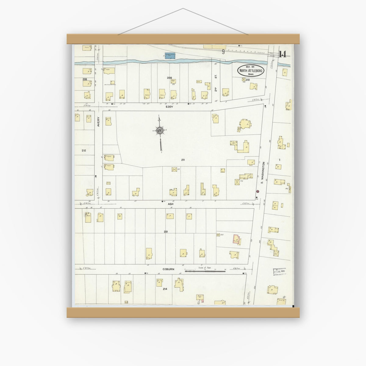 Old map wall art mockup — magnetic wood frame on white wall — Sanborn Fire Insurance Map from North Attleborough, Bristol County, Massachusetts (1911), Sheet #0014