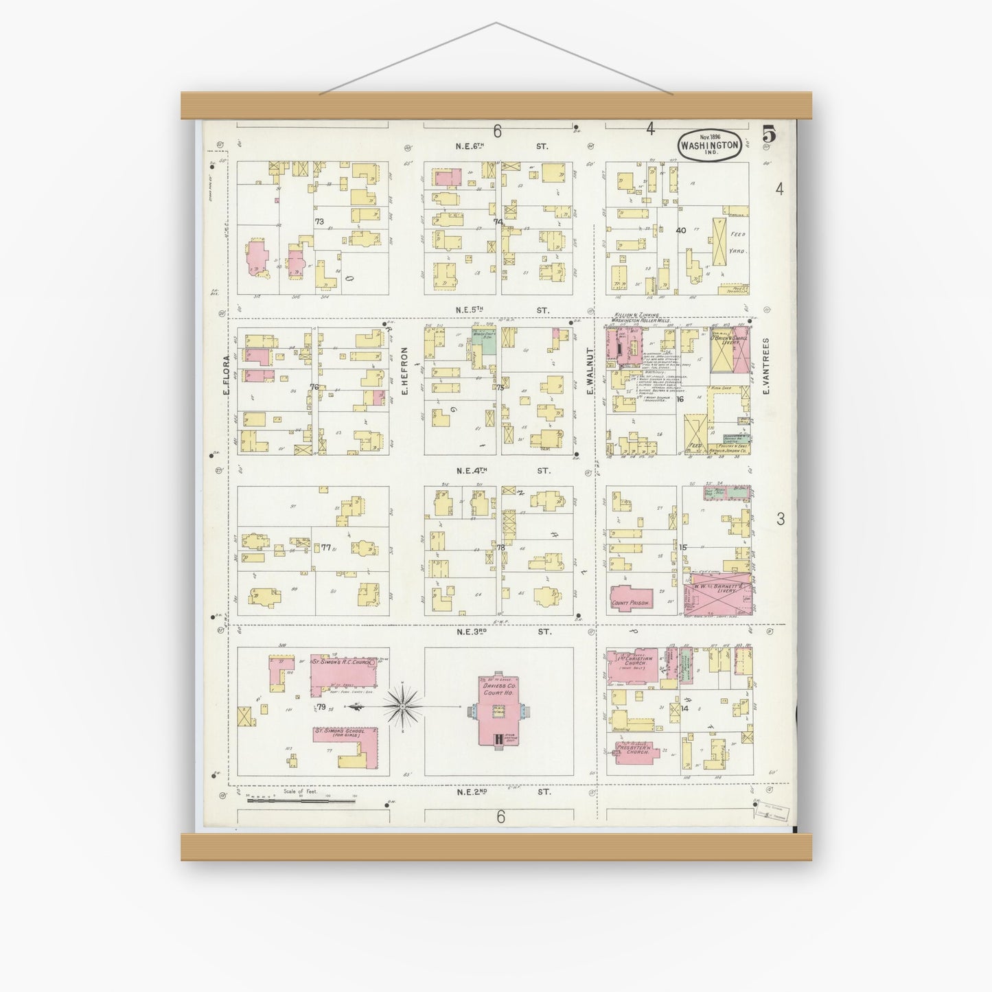 Old map wall art mockup — magnetic wood frame on white wall — Sanborn Fire Insurance Map from Washington, Daviess County, Indiana (1896), Sheet #0005