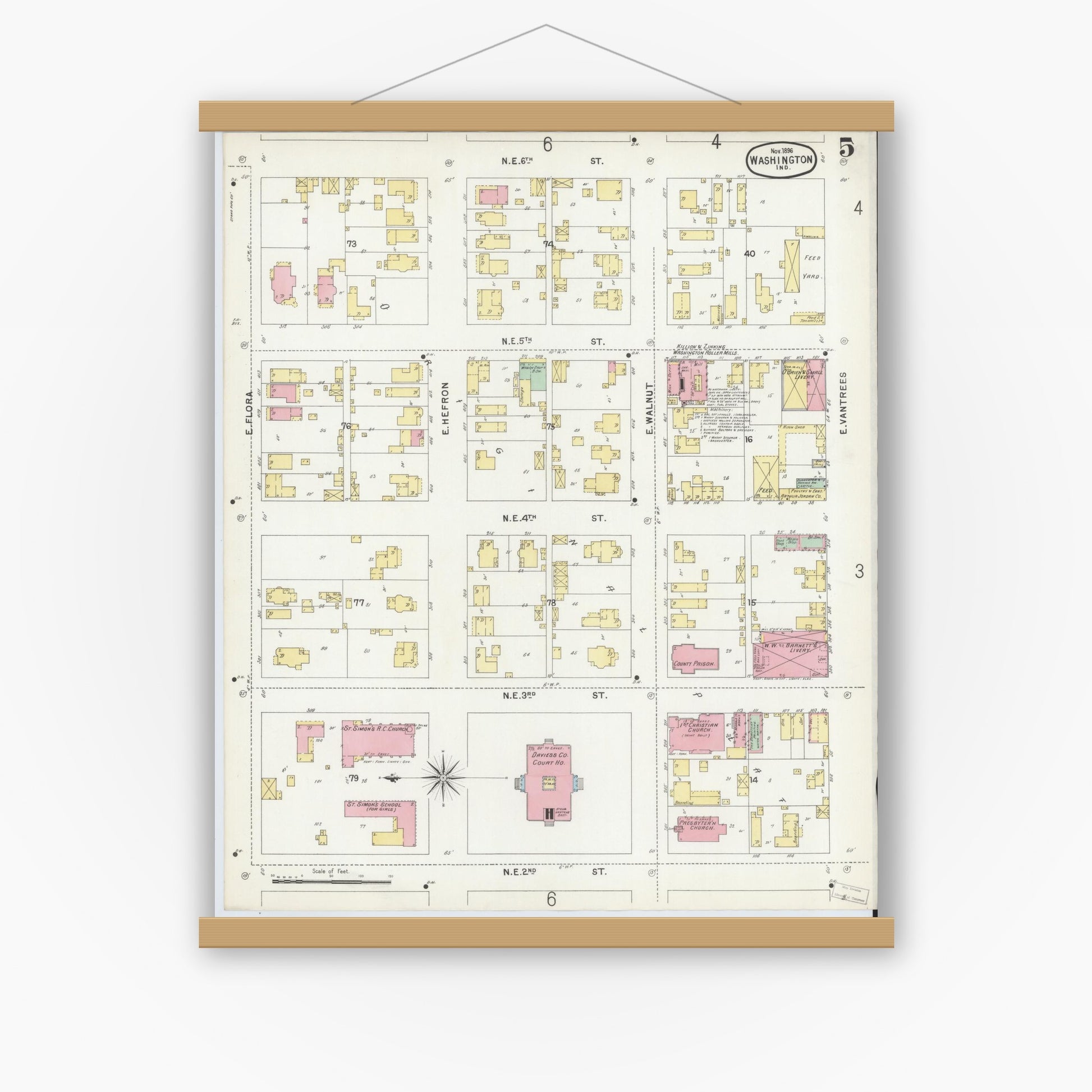 Old map wall art mockup — magnetic wood frame on white wall — Sanborn Fire Insurance Map from Washington, Daviess County, Indiana (1896), Sheet #0005