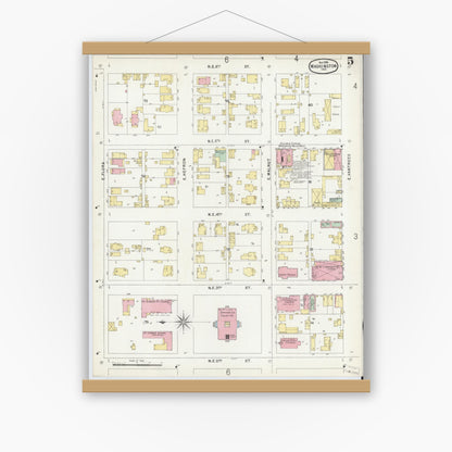 Old map wall art mockup — magnetic wood frame on white wall — Sanborn Fire Insurance Map from Washington, Daviess County, Indiana (1896), Sheet #0005
