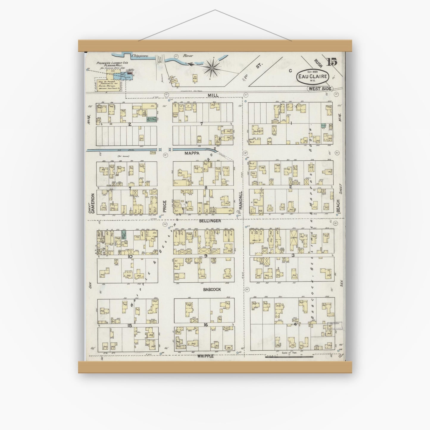 Old map wall art mockup — magnetic wood frame on white wall — Sanborn Fire Insurance Map from Eau Claire, Eau Claire County, Wisconsin (1889), Sheet #0015