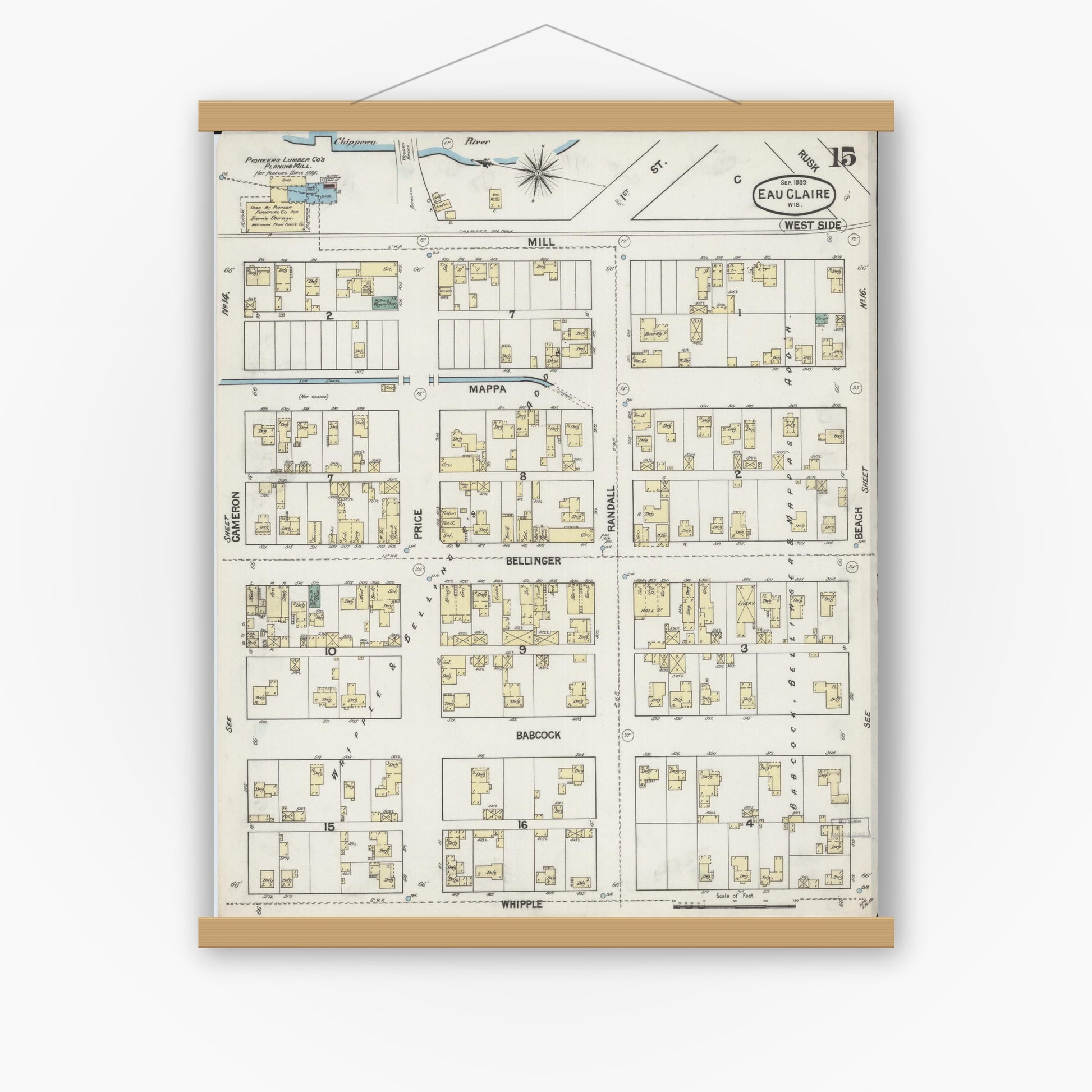 Old map wall art mockup — magnetic wood frame on white wall — Sanborn Fire Insurance Map from Eau Claire, Eau Claire County, Wisconsin (1889), Sheet #0015