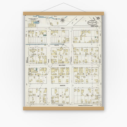 Old map wall art mockup — magnetic wood frame on white wall — Sanborn Fire Insurance Map from Eau Claire, Eau Claire County, Wisconsin (1889), Sheet #0015