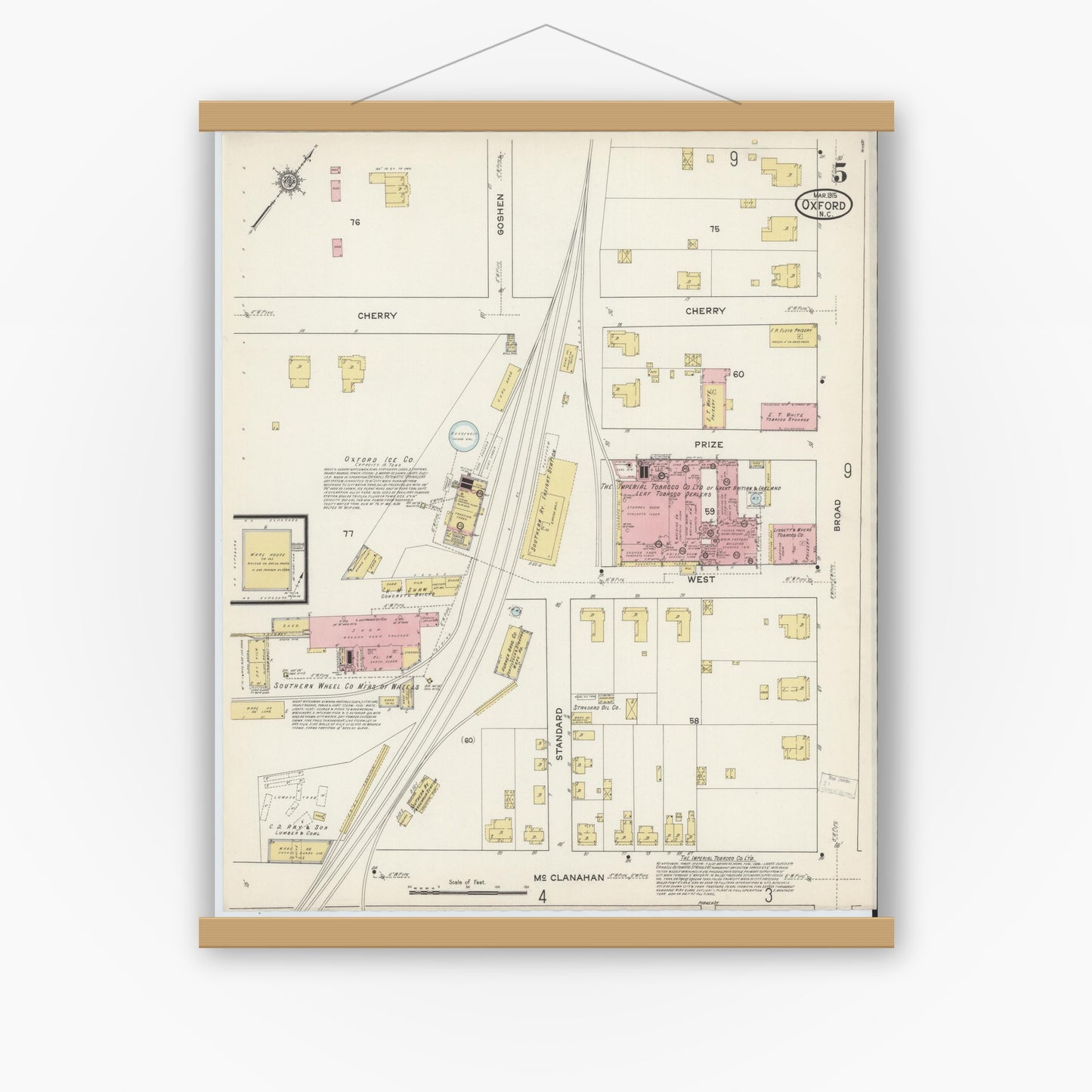 Old map wall art mockup — magnetic wood frame on white wall — Sanborn Fire Insurance Map from Oxford, Granville County, North Carolina (1915), Sheet #0005