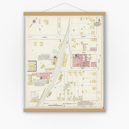 Old map wall art mockup — magnetic wood frame on white wall — Sanborn Fire Insurance Map from Oxford, Granville County, North Carolina (1915), Sheet #0005
