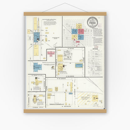 Old map wall art mockup — magnetic wood frame on white wall — Sanborn Fire Insurance Map from Stamford, Jones County, Texas (1908), Sheet #0001