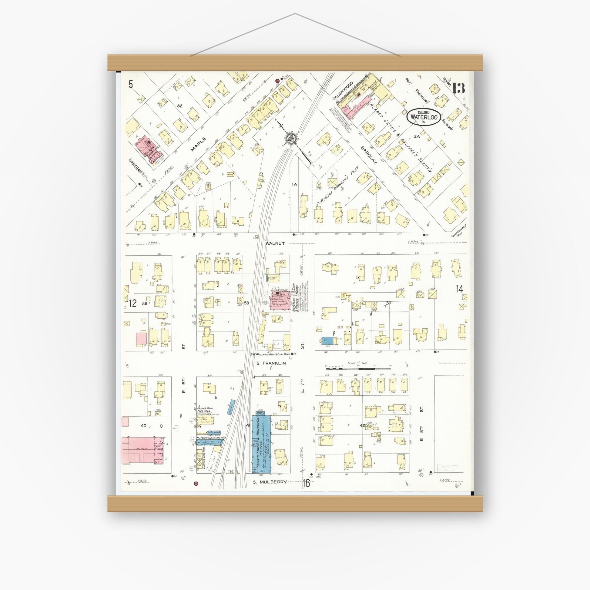 Old map wall art mockup — magnetic wood frame on white wall — Sanborn Fire Insurance Map from Waterloo, Black Hawk County, Iowa (1910), Sheet #0013