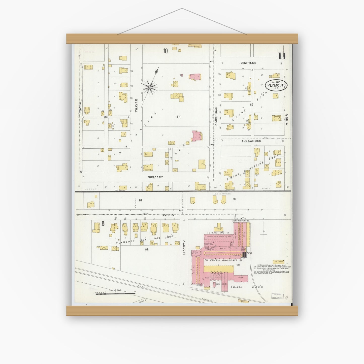 Old map wall art mockup — magnetic wood frame on white wall — Sanborn Fire Insurance Map from Plymouth, Marhshall County, Indiana (1905), Sheet #0011