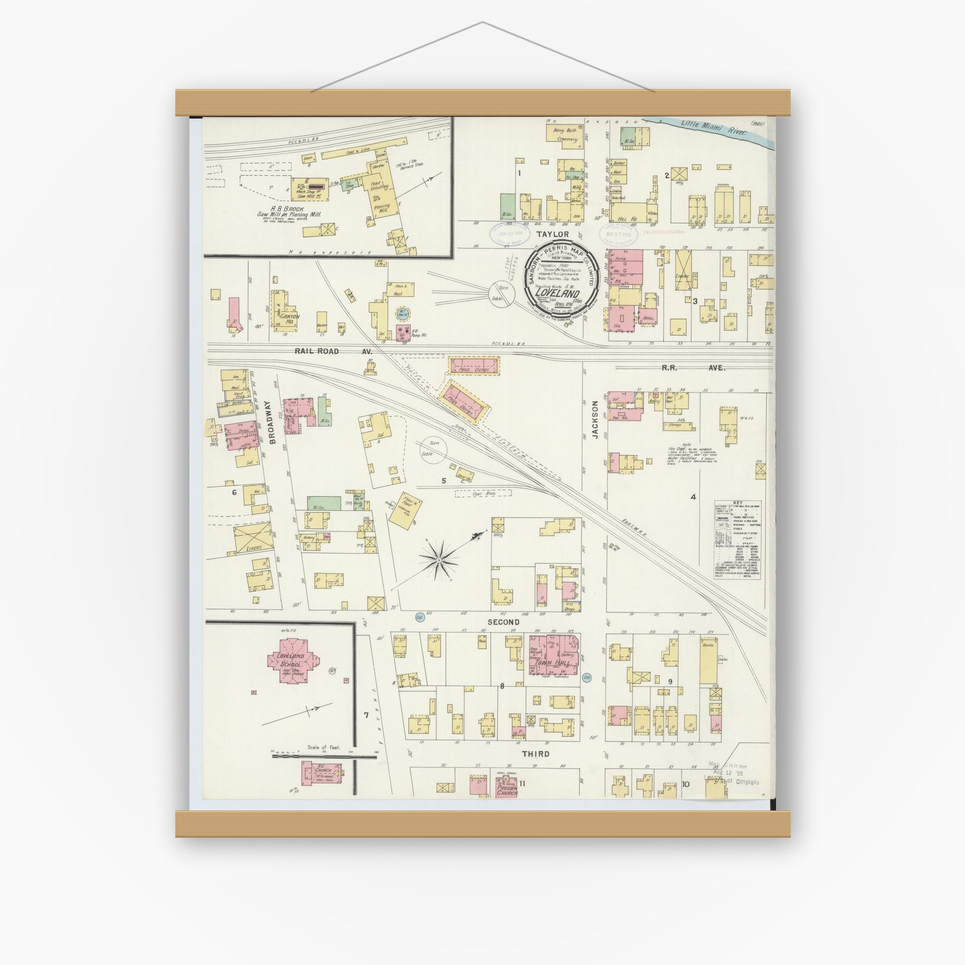 Old map wall art mockup — magnetic wood frame on white wall — Sanborn Fire Insurance Map from Loveland, Clermont, Hamilton, And Warren County, Ohio (1898), Sheet #0001