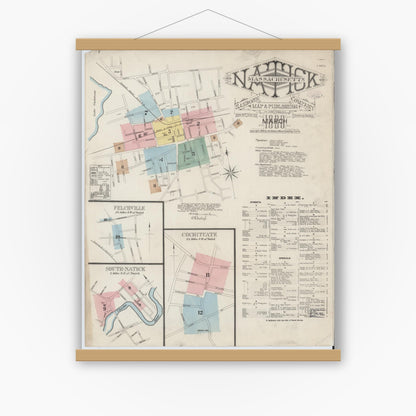 Old map wall art mockup — magnetic wood frame on white wall — Sanborn Fire Insurance Map from Natick, Middlesex County, Massachusetts (1888) - Complete Map Set