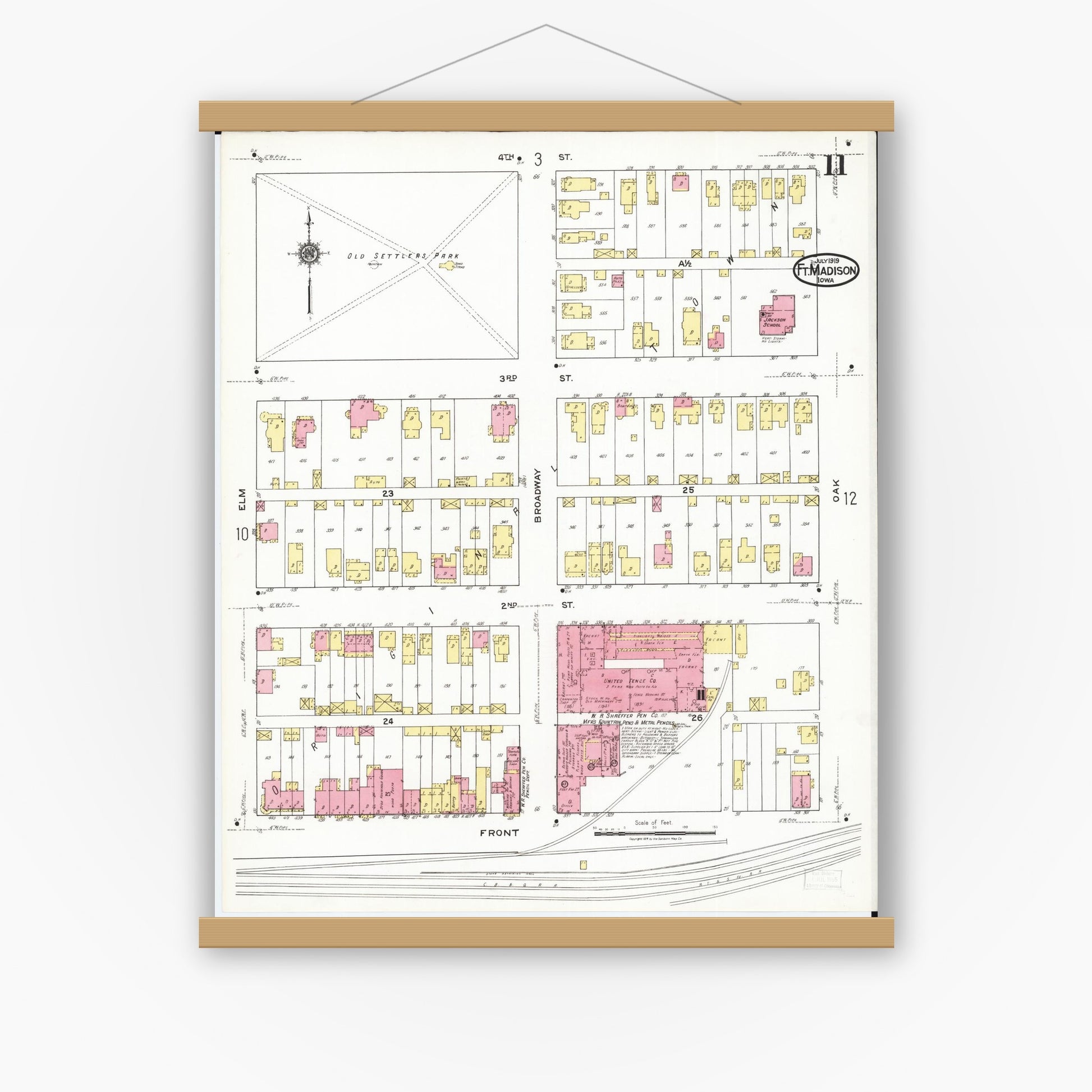 Old map wall art mockup — magnetic wood frame on white wall — Sanborn Fire Insurance Map from Fort Madison, Lee County, Iowa (1919), Sheet #0011
