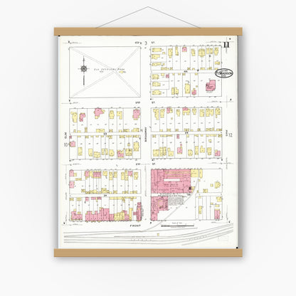 Old map wall art mockup — magnetic wood frame on white wall — Sanborn Fire Insurance Map from Fort Madison, Lee County, Iowa (1919), Sheet #0011