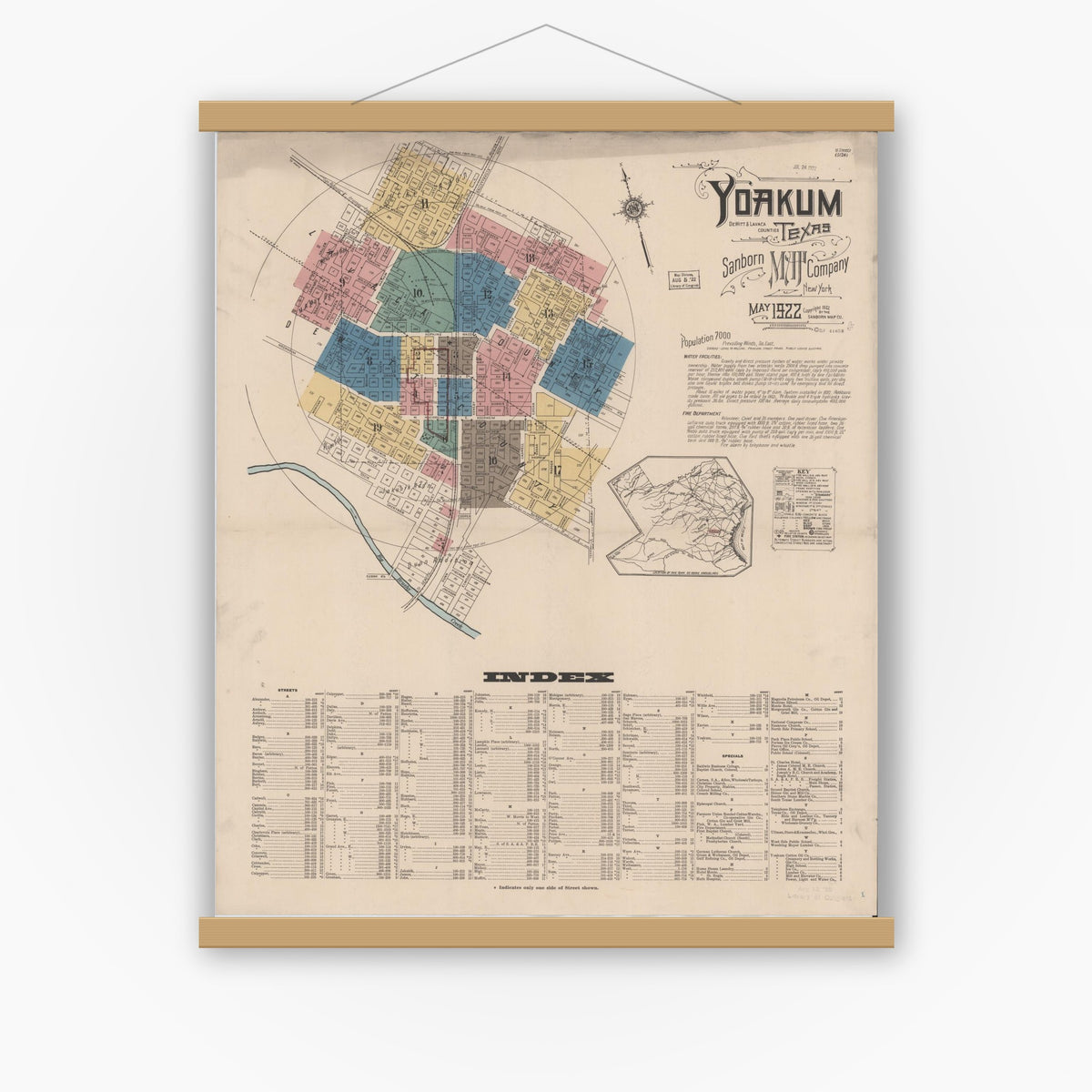 Old map wall art mockup — magnetic wood frame on white wall — Sanborn Fire Insurance Map from Yoakum, De Witt And Lavaca Counties, Texas (1922), Sheet #0001
