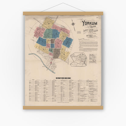 Old map wall art mockup — magnetic wood frame on white wall — Sanborn Fire Insurance Map from Yoakum, De Witt And Lavaca Counties, Texas (1922), Sheet #0001