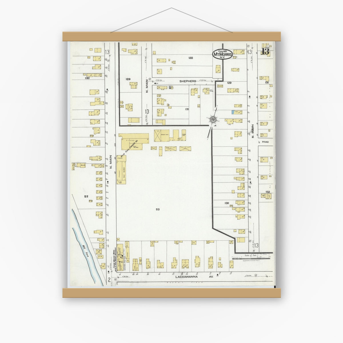 Old map wall art mockup — magnetic wood frame on white wall — Sanborn Fire Insurance Map from Mount Morris, Livingston County, New York (1921), Sheet #0013