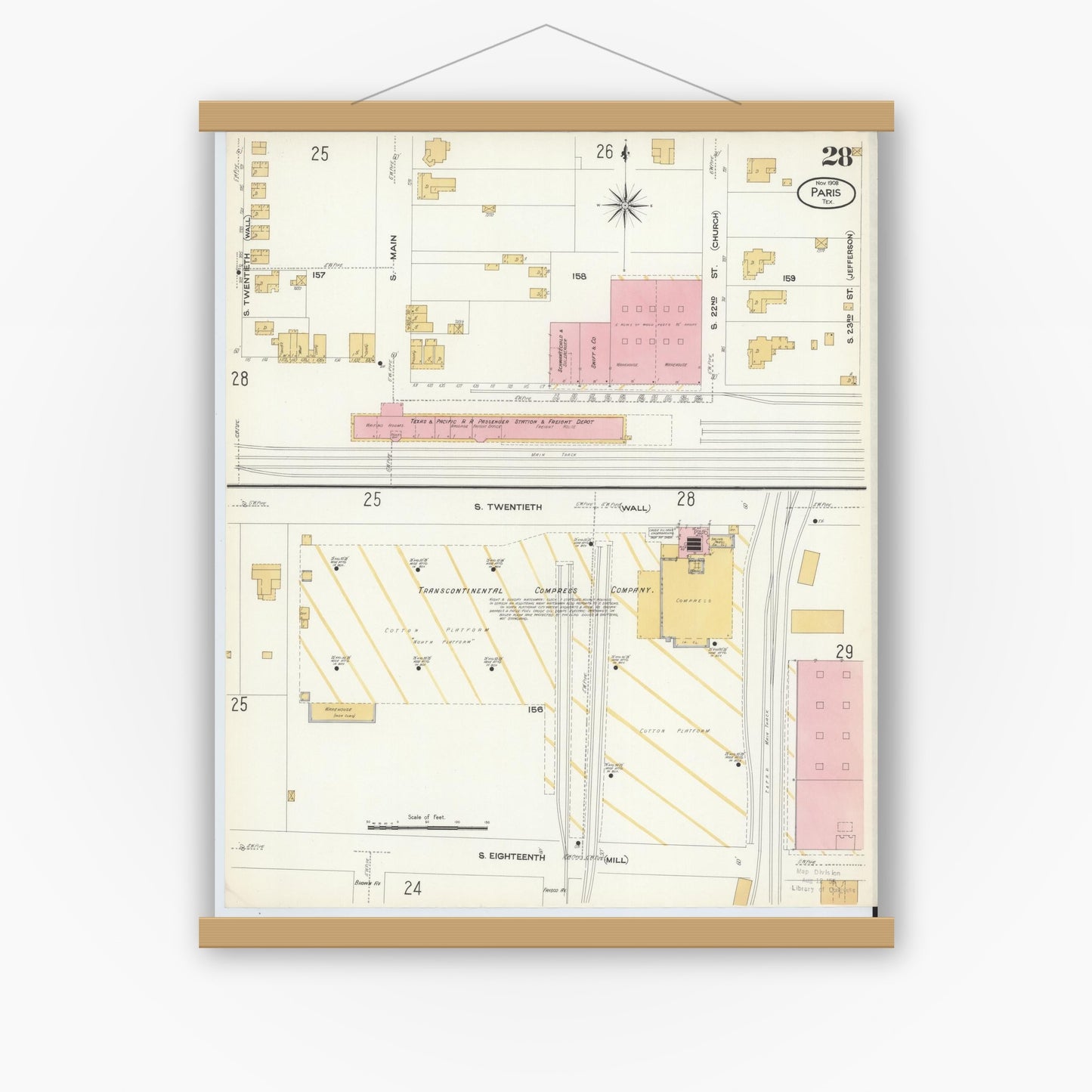 Old map wall art mockup — magnetic wood frame on white wall — Sanborn Fire Insurance Map from Paris, Lamar County, Texas (1908), Sheet #0028