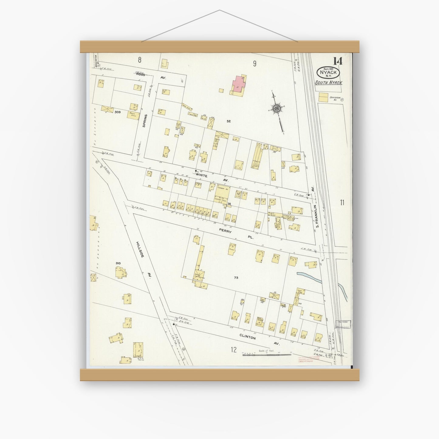 Old map wall art mockup — magnetic wood frame on white wall — Sanborn Fire Insurance Map from Nyack, Rockland County, New York. (1910), Sheet #0014