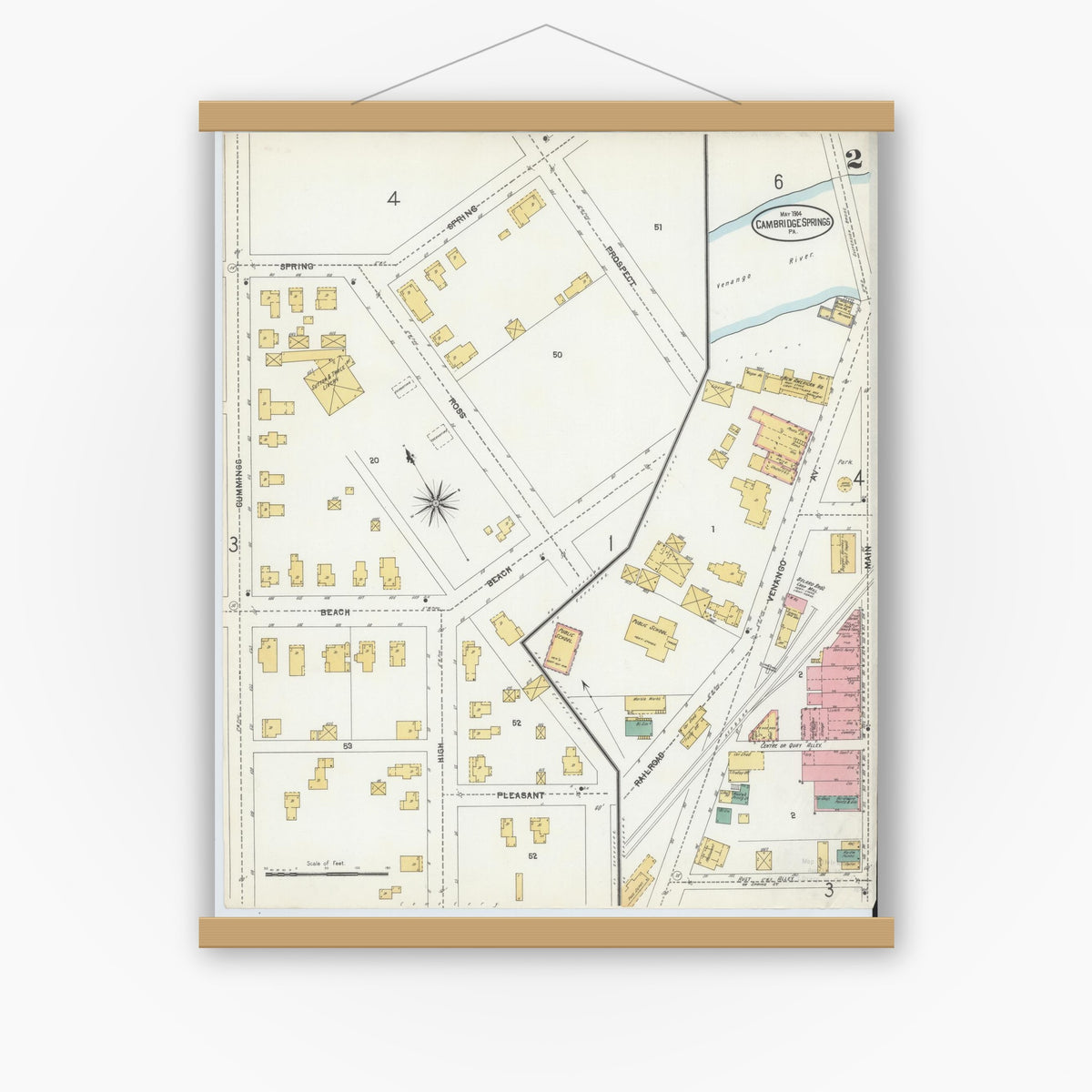 Old map wall art mockup — magnetic wood frame on white wall — Sanborn Fire Insurance Map from Cambridge Springs, Crawford County, Pennsylvania (1904), Sheet #0002