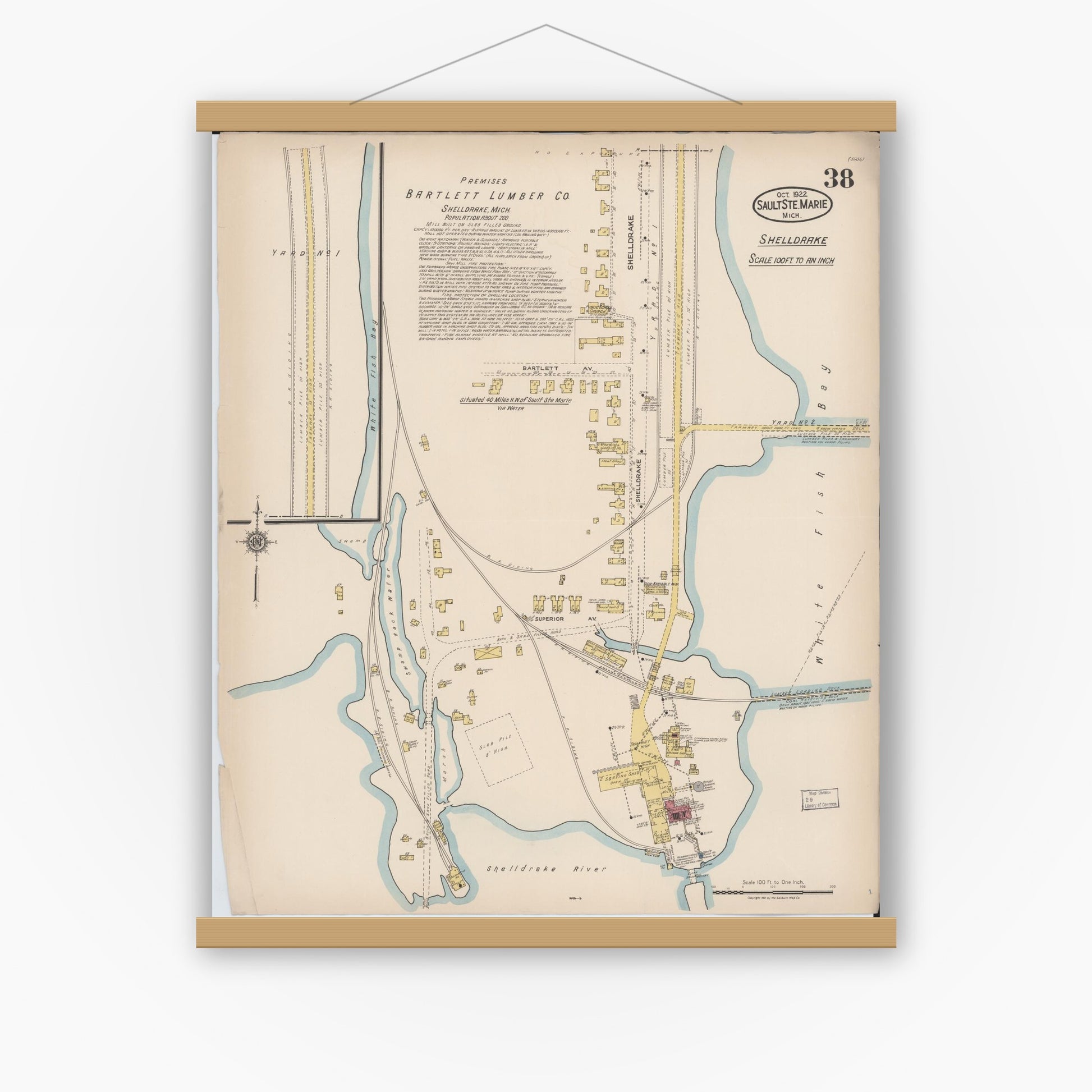 Old map wall art mockup — magnetic wood frame on white wall — Sanborn Fire Insurance Map from Sault Sainte Marie, Chippewa County, Michigan (1922), Sheet #0038
