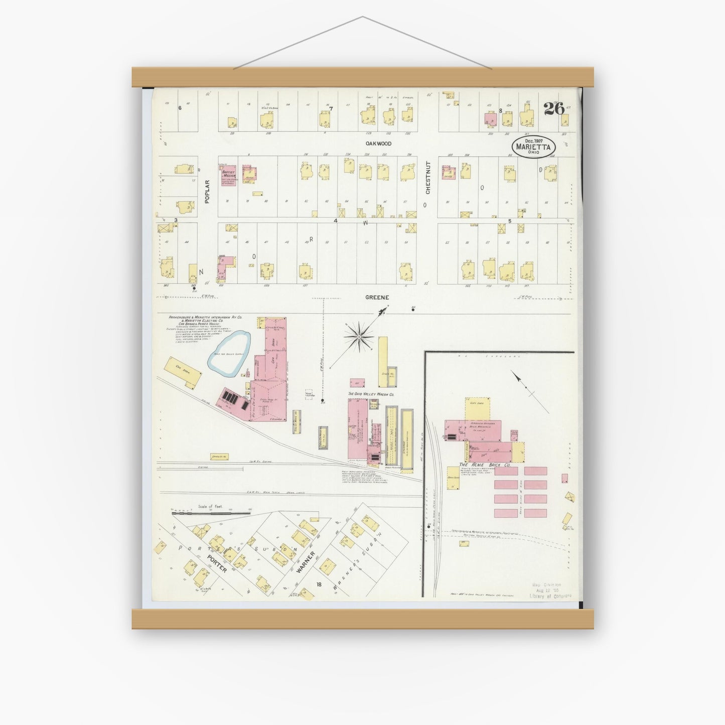 Old map wall art mockup — magnetic wood frame on white wall — Sanborn Fire Insurance Map from Marietta, Washington County, Ohio (1907), Sheet #0026