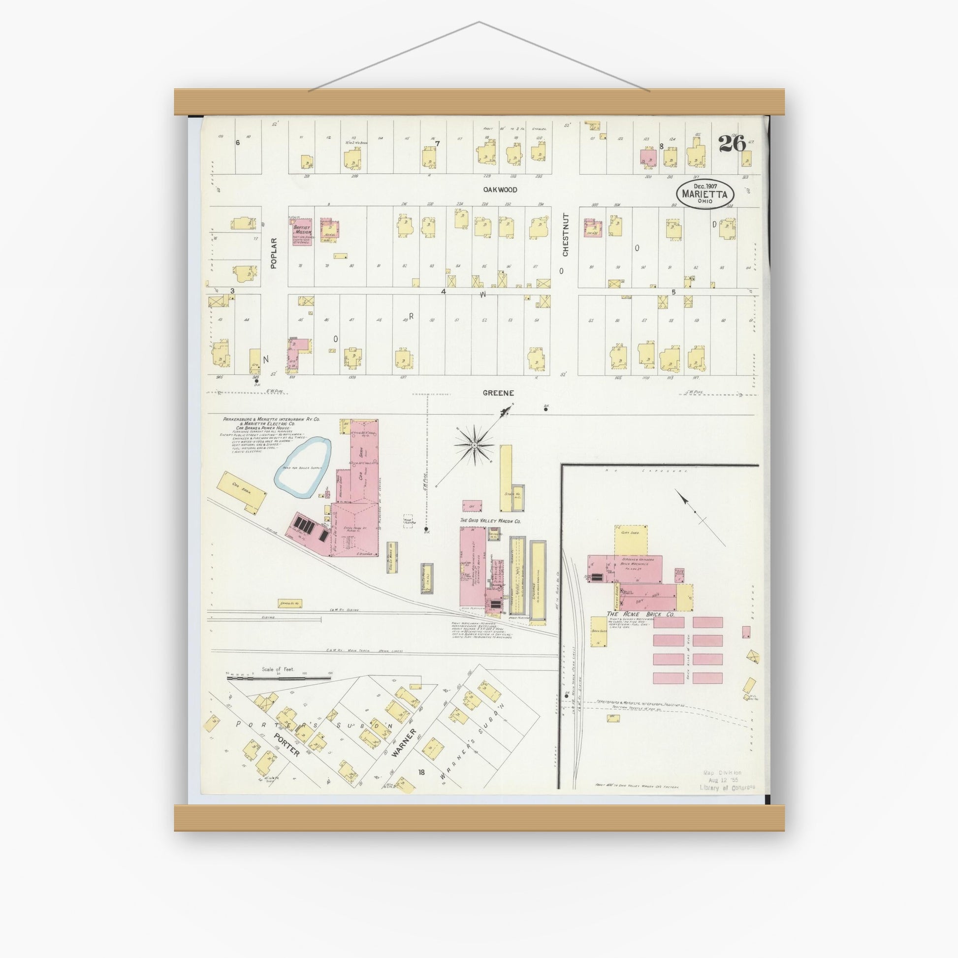 Old map wall art mockup — magnetic wood frame on white wall — Sanborn Fire Insurance Map from Marietta, Washington County, Ohio (1907), Sheet #0026