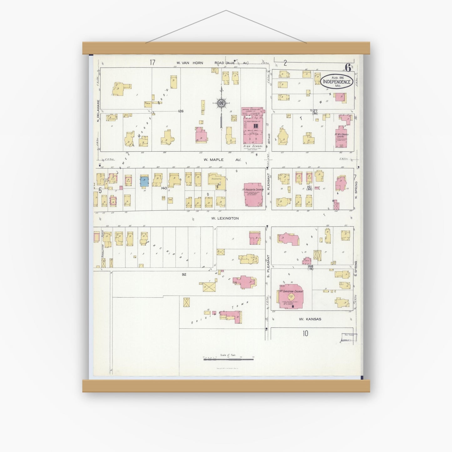 Old map wall art mockup — magnetic wood frame on white wall — Sanborn Fire Insurance Map from Independence, Jackson County, Missouri (1916), Sheet #0006